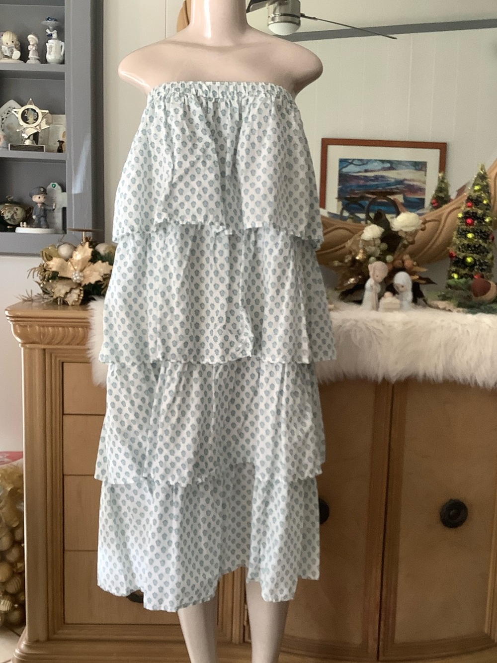 Women’s White Tiered Strapless Dress / Skirt with Light Blue Print